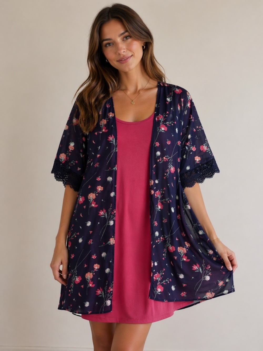 WallFlower 2 Piece Set Womens Medium Floral Kimono Cardigan Pink Tank Dress Boho